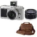 Olympus E-P1 Silver Digital Camera with 14-42 Black and 17mm Silver Lens plus Free Retro Bag